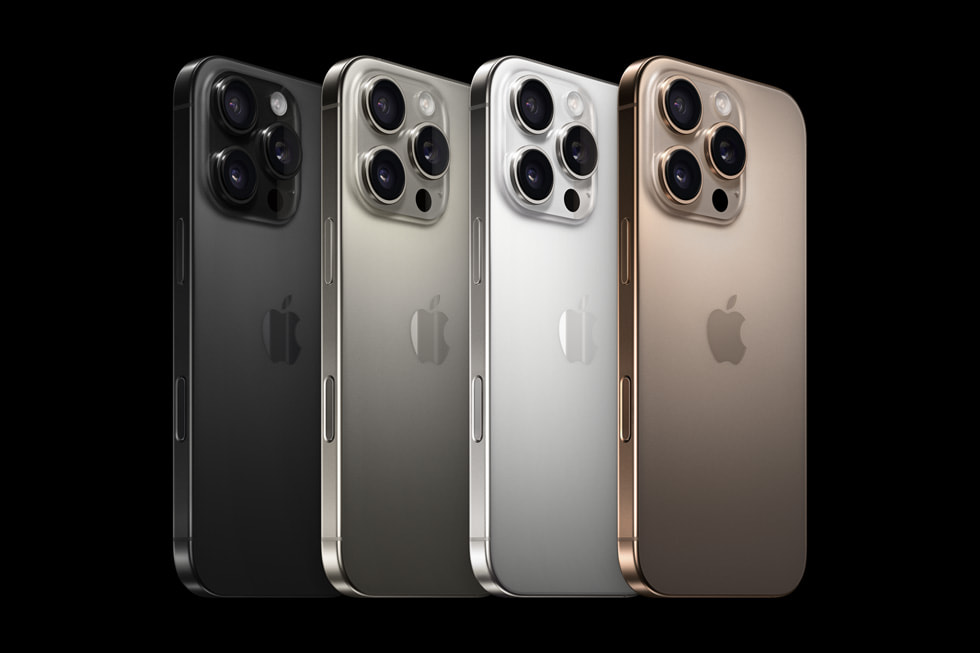 Apple iPhone 16 Pro models in black, natural, white and desert titanium, showing their original Apple logos