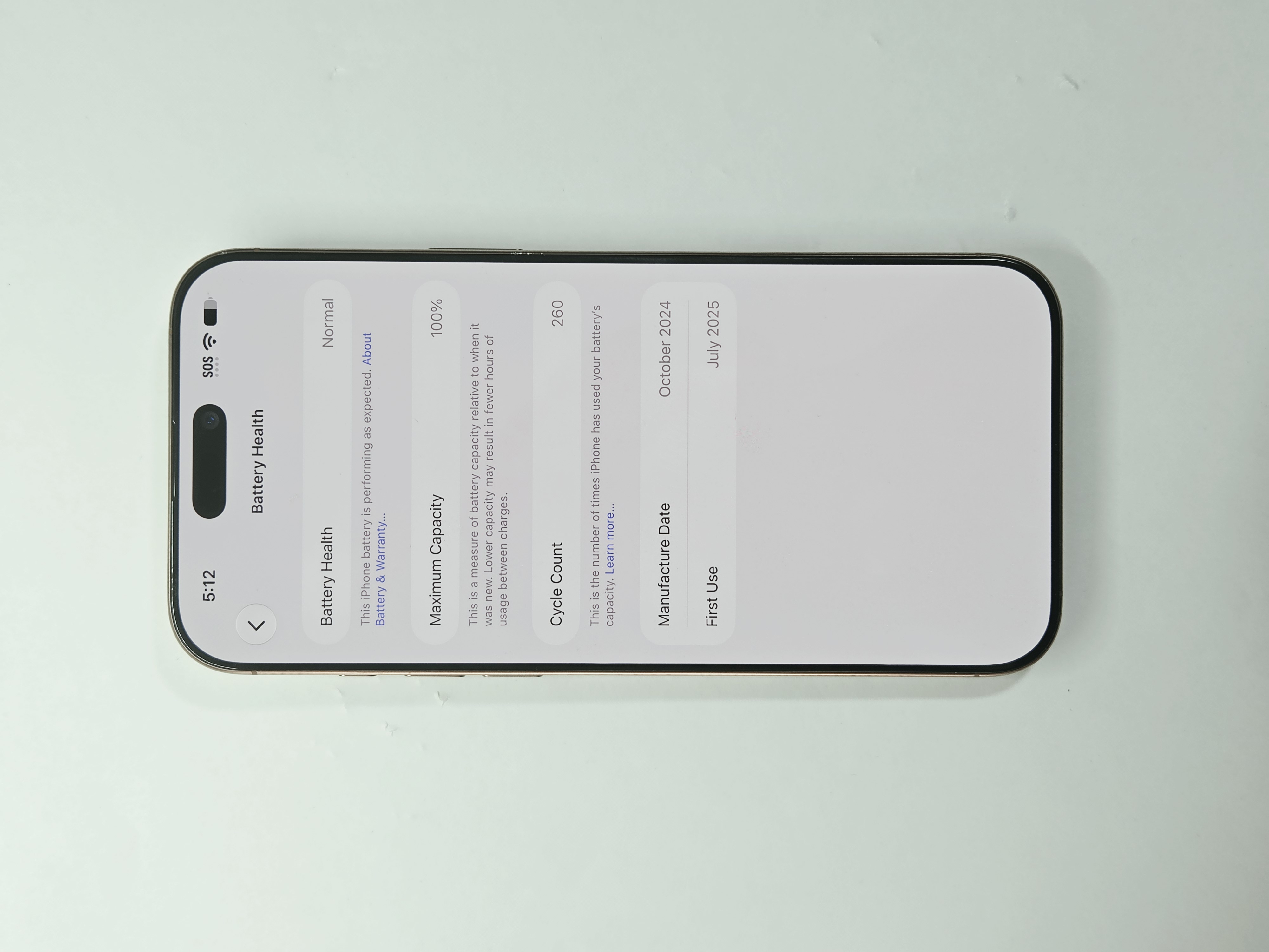 iPhone 16 Pro Max · Desert Titanium · 512 GB · Used · Like New · Battery Health: 100% · Previous Repairs — photo 3 of 4