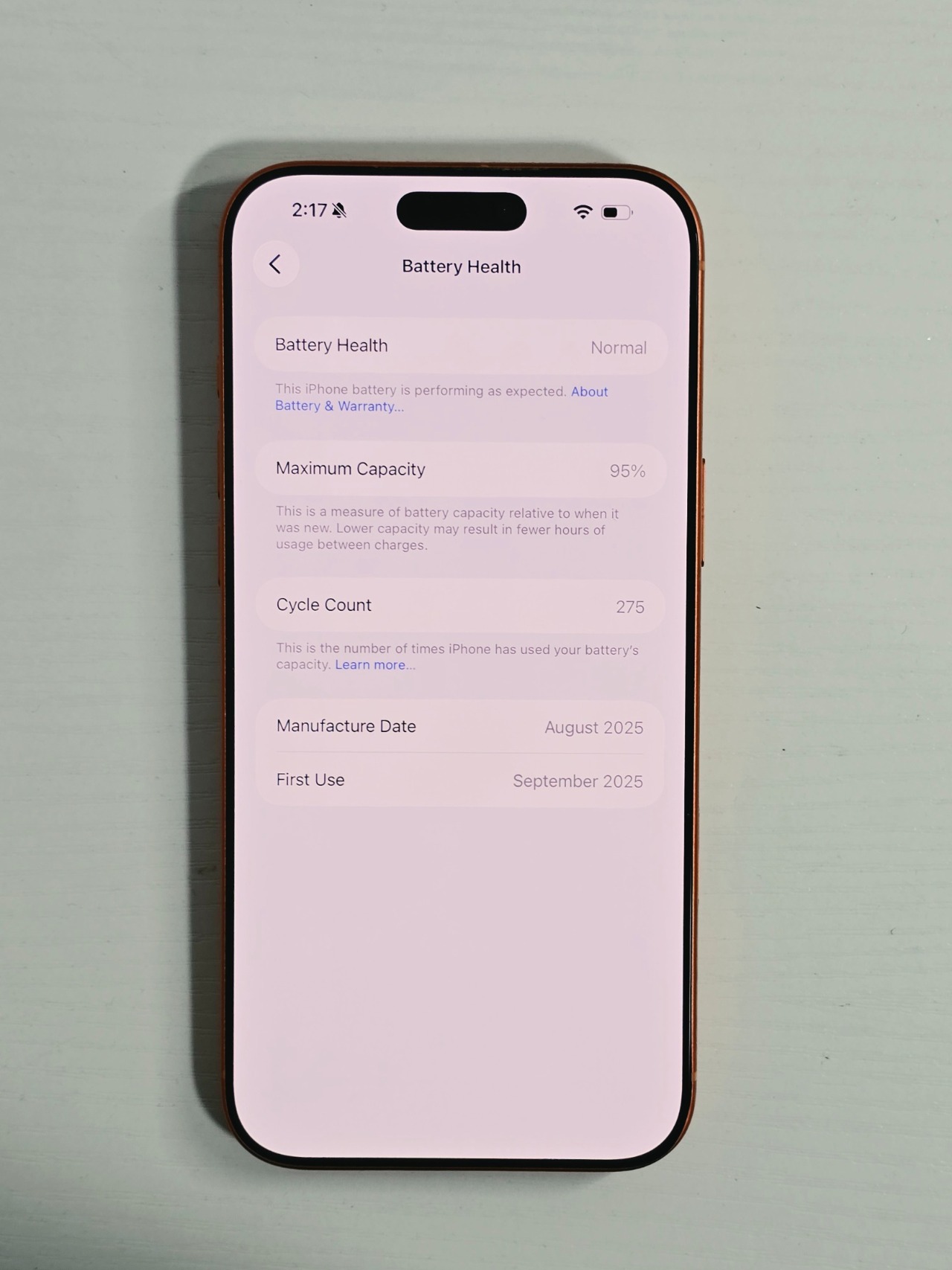 iPhone 17 Pro Max · Cosmic Orange · 256 GB · Used · Excellent · Battery Health: 95% — photo 4 of 4