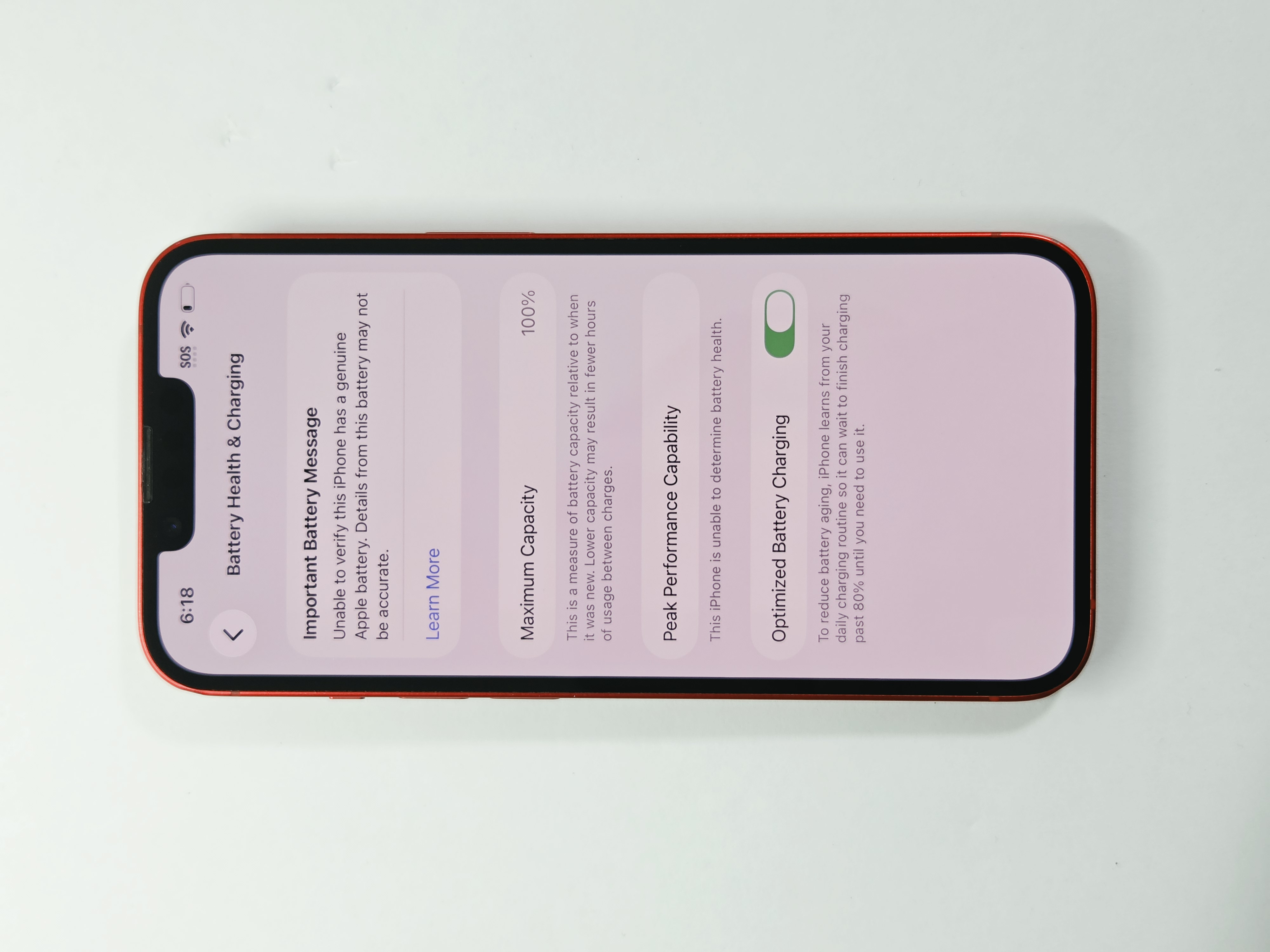 iPhone 14 · (PRODUCT)RED · 128 GB · Used · Like New · Battery Health: 100% · Refurbished — photo 3 of 4
