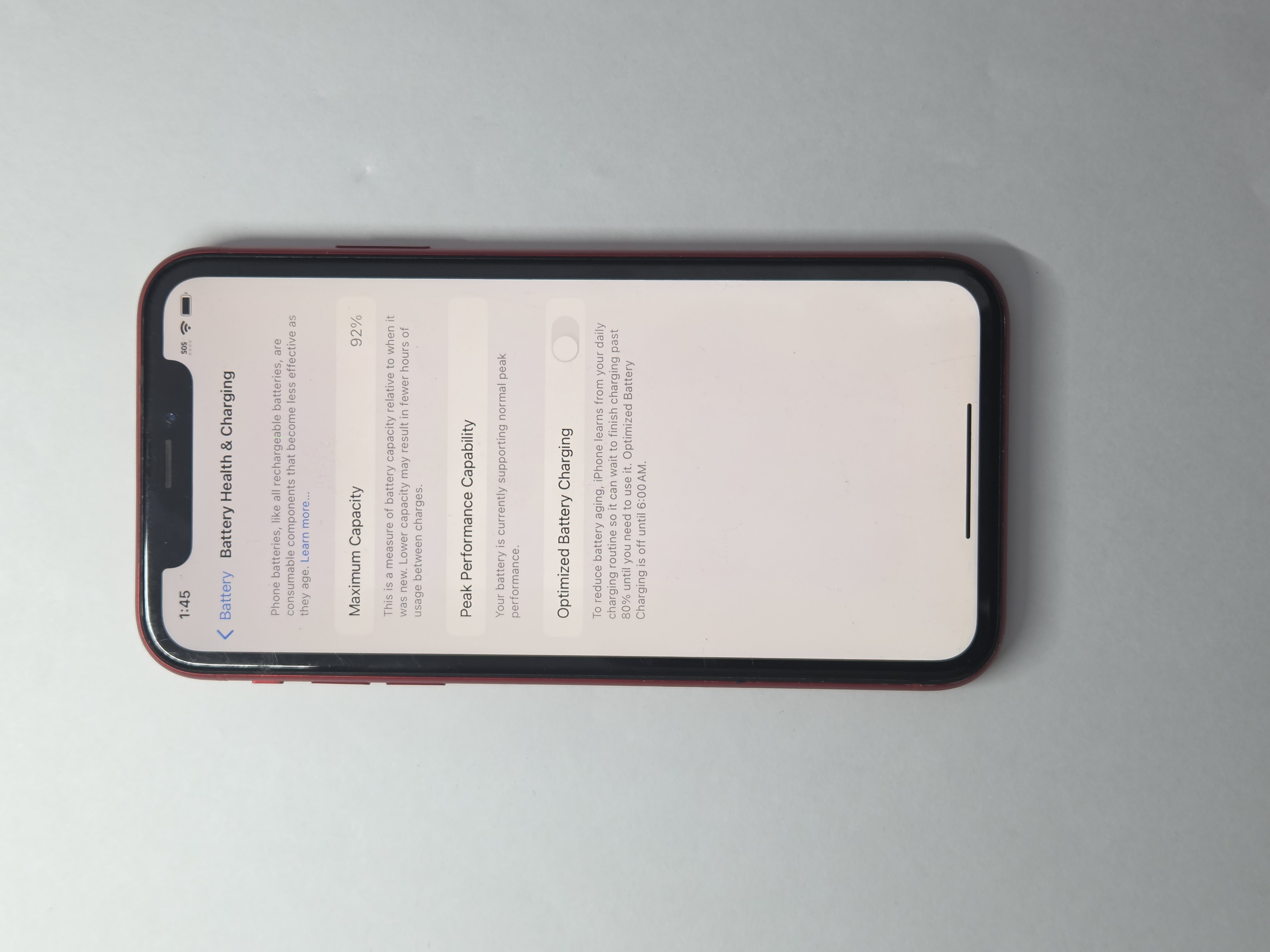 iPhone XR · (PRODUCT)RED · 64 GB · Used · Good · Battery Health: 92% · Refurbished — photo 3 of 4