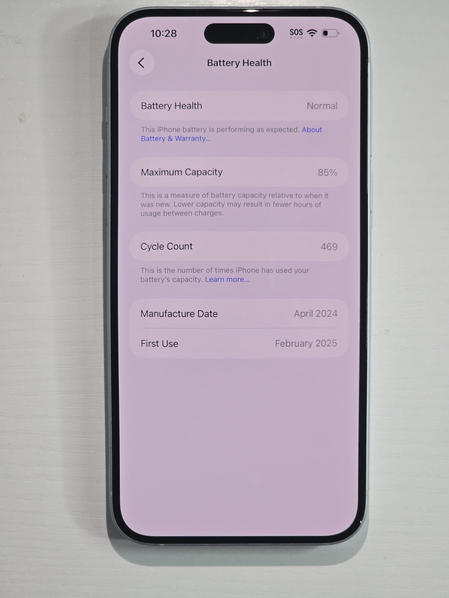 iPhone 15 Plus · Light Blue · 128 GB · Used · Like New · Battery Health: 85% — photo 3 of 4