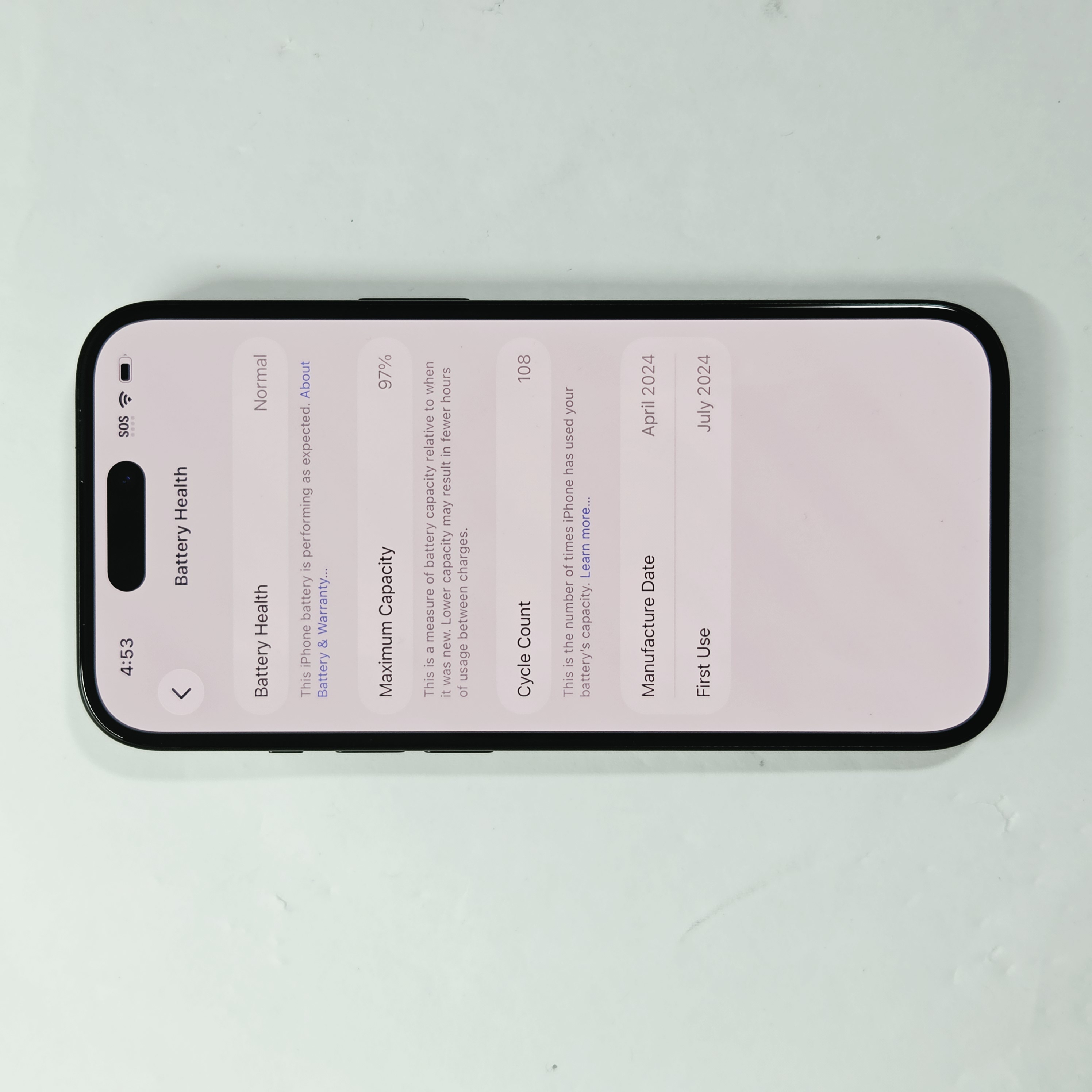 iPhone 15 · Black · 128 GB · Used · Like New · Battery Health: 97% — photo 3 of 4