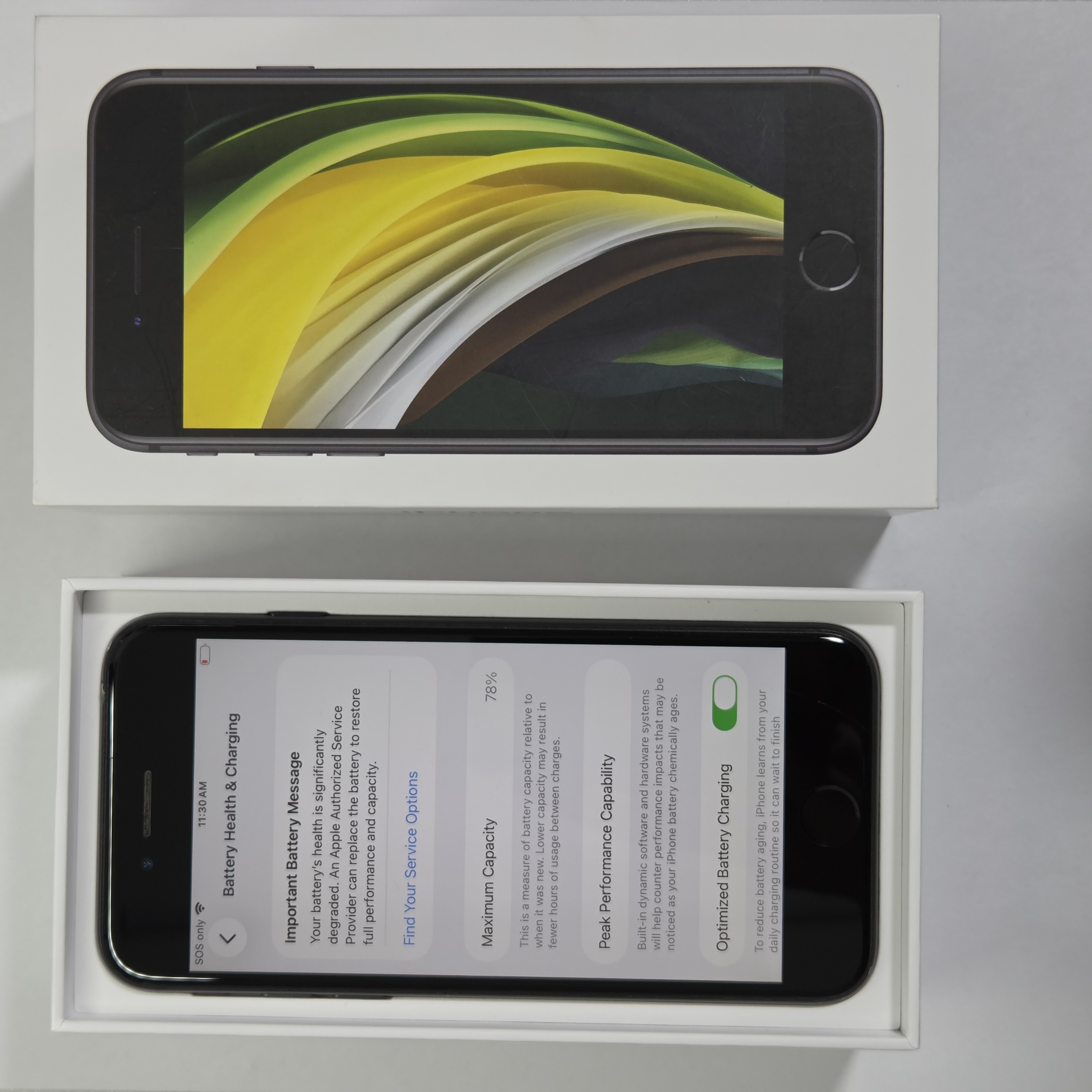 iPhone SE (2020) · Black · 64 GB · Used · Excellent · Battery Health: 78% — photo 3 of 4