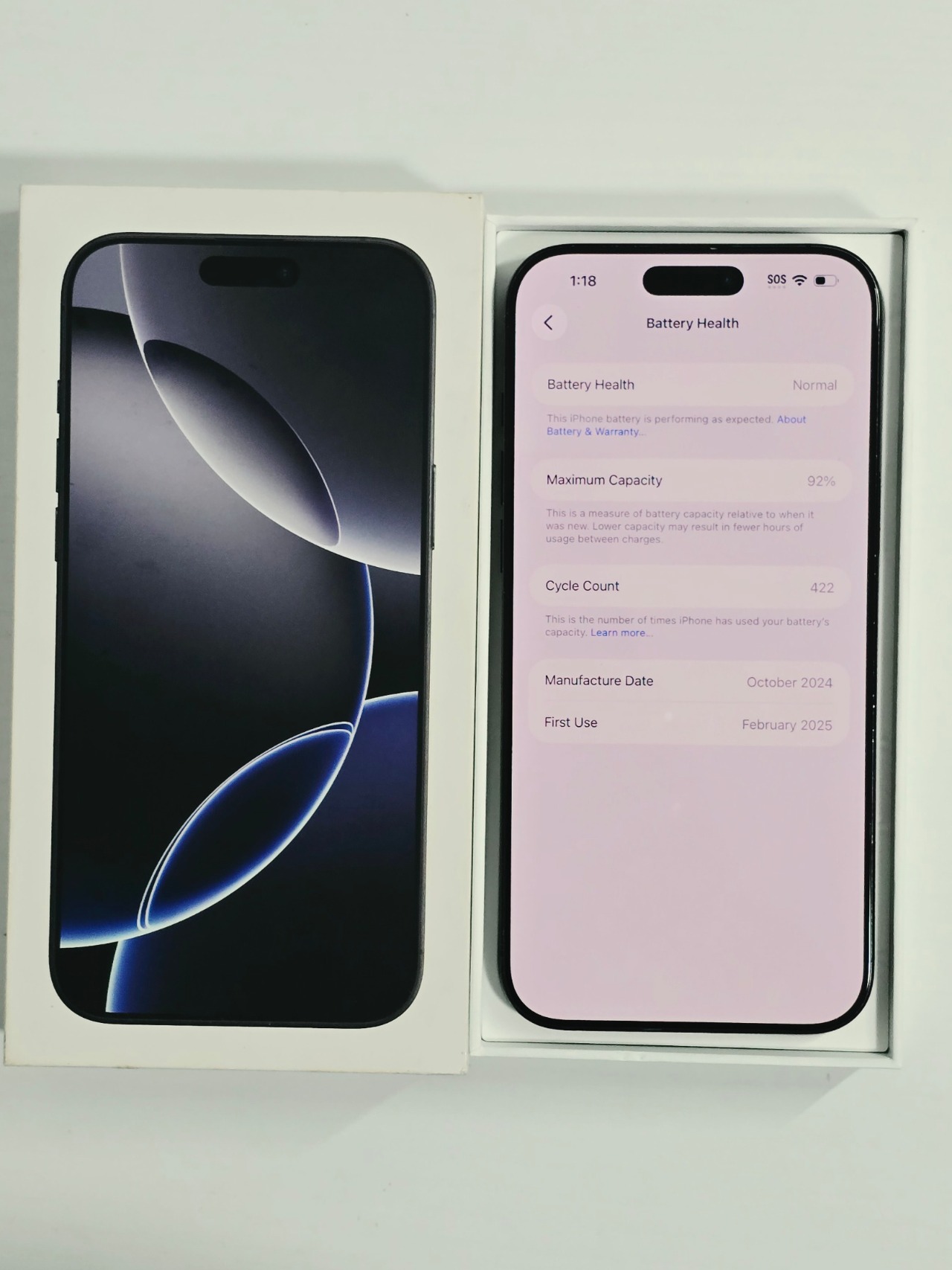 iPhone 16 Pro Max · Black Titanium · 1 TB · Used · Excellent · Battery Health: 92% — photo 3 of 4